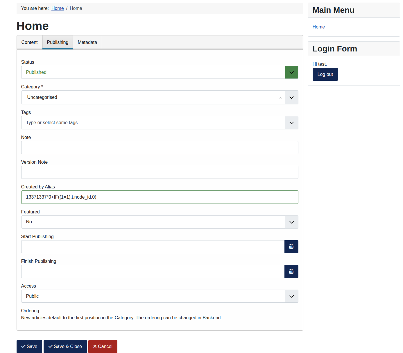 Publisher Created by Alias payload Publisher article form with the SQLi payload in Created by Alias